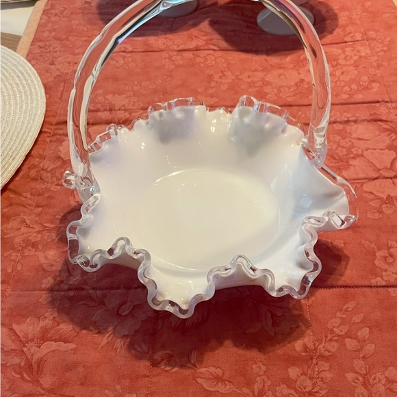 Fenton White Milk Glass Basket with Clear Handle - Picture 2 of 4